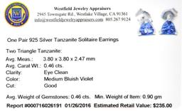 APP: 0.2k Fine Jewelry 0.46CT Triangle Cut Tanzanite Over Sterling Silver Earrings