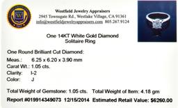 APP: 6.3k 14KT. White Gold, 1.05CT Round Cut Diamond Ring