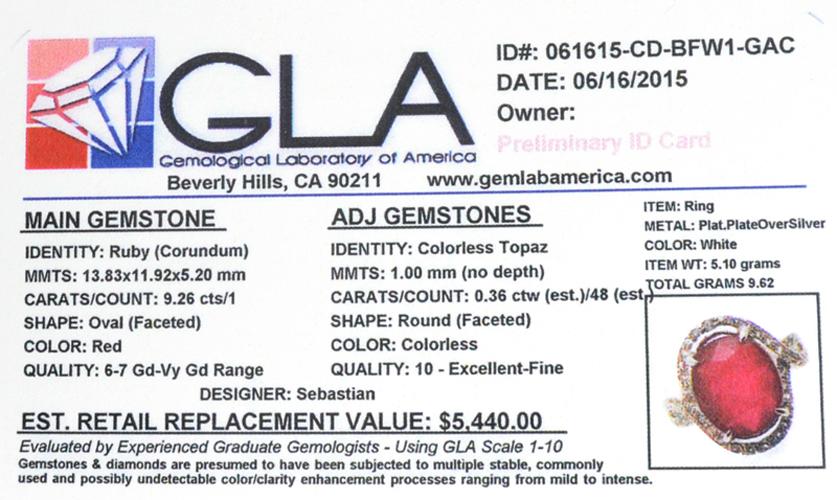 APP: 5.4k Fine Jewelry Designer Sebastian 9.26CT Ruby And Colorless Topaz Platinum Over Sterling Sil