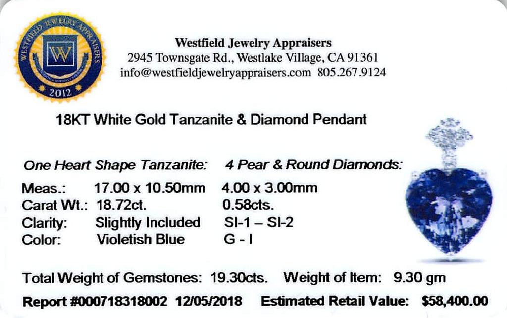 APP: 58.4k *18KT. White Gold 19.30 Heart Cut Tanzanite and White Diamond Pendant (Vault_Q) (QP9734TA
