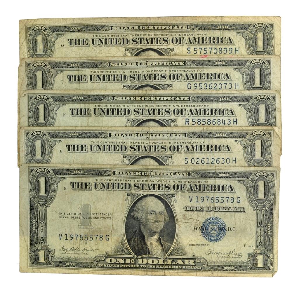 Rare (5) 1935 $1 U.S. Silver Certificates