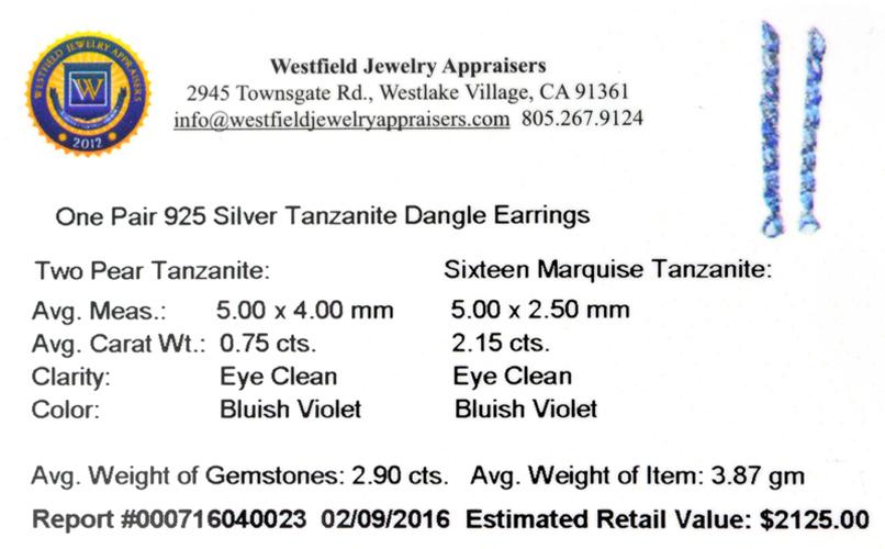 APP: 2.1k Fine Jewelry 0.75CT Pear Cut Tanzanie And Sterling Silver Dangle Earrings