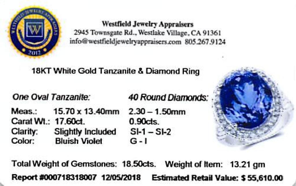 APP: 55.6k *18KT. White Gold 18.50 Oval Cut Tanzanite and White Diamond Ring (Vault_Q) (QR23436TANWD