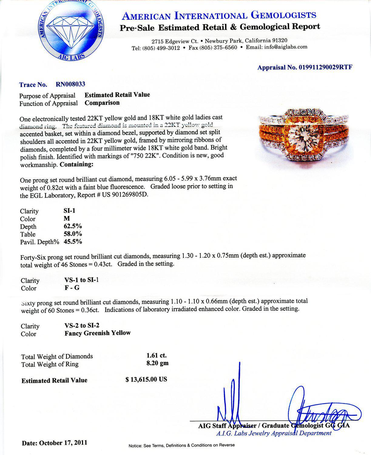 APP: 13.6k *0.82ct SI1 CLARITY CENTER Diamond  22K Yellow Gold and 18K White Gold Ring (1.61ctw Diam