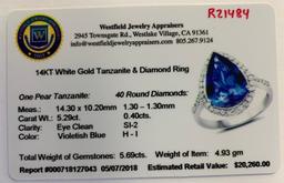 APP: 20.3k *14KT. White Gold 5.69 Pear Cut Tanzanite and White Diamond Ring (Vault_Q) (QR21484TANWD-