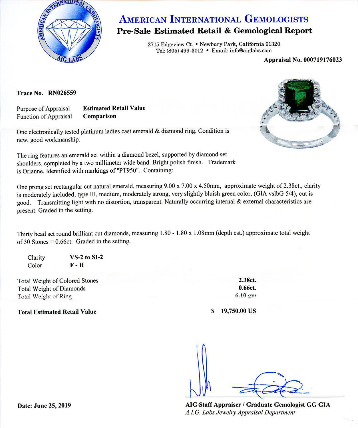 APP: 19.8k *2.38ct Emerald and 0.66ctw Diamond Platinum Ring (Vault_R12 45151)