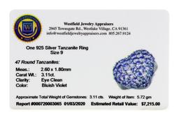 3.11CT Round Cut Tanzanite Sterling Silver Ring - Great Investment - Elegant Quality! -PNR-