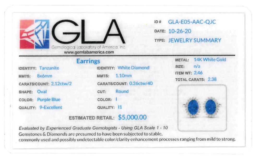 APP: 5k Gorgeous 14K White Gold 2.12CT Oval Cut Tanzanite and White Diamond Earrings - Great Investm