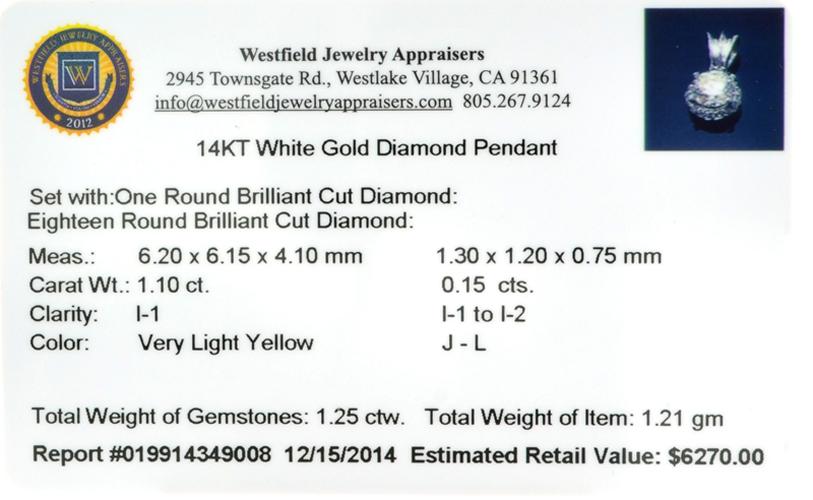 APP: 6.3k 14KT. White Gold, 1.10CT Round Cut Diamond Pendant