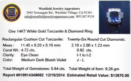 APP: 12.7k 14KT. White Gold, 4.72CT Rectangular Cushion Cut Tanzanite And 0.92CT Diamond Ring