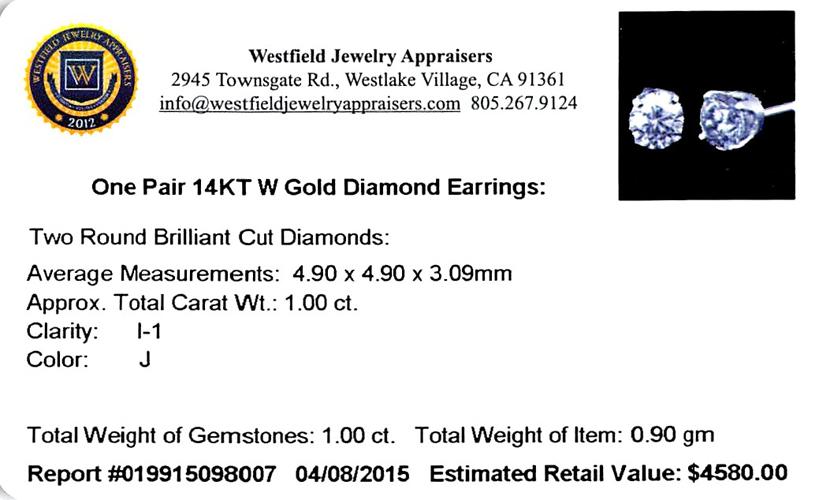 APP: 4.6k *Fine Jewelry 14 kt. White Gold, Custom Made 1.00CT Round Brilliant Cut Diamond Earrings (