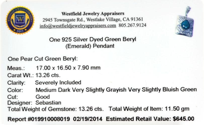 Fine Jewelry Designer Sebastian 13.26CT Pear Cut Green Beryl Emerald And Sterling Silver Pendant