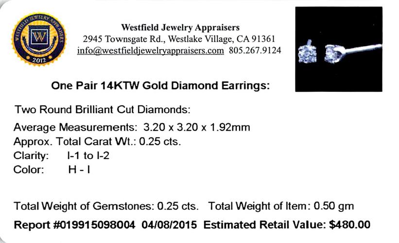 APP: 0.5k *Fine Jewelry 14KT. White Gold, Custom Made 0.25CT Round Brilliant Cut Diamond Earrings (V