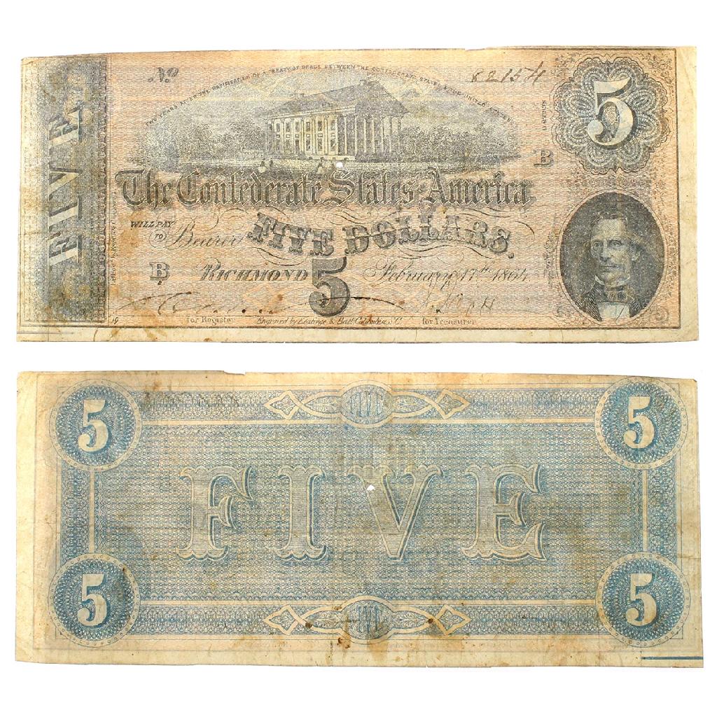 Rare 1864 US Confederate $5 Note Great Investment