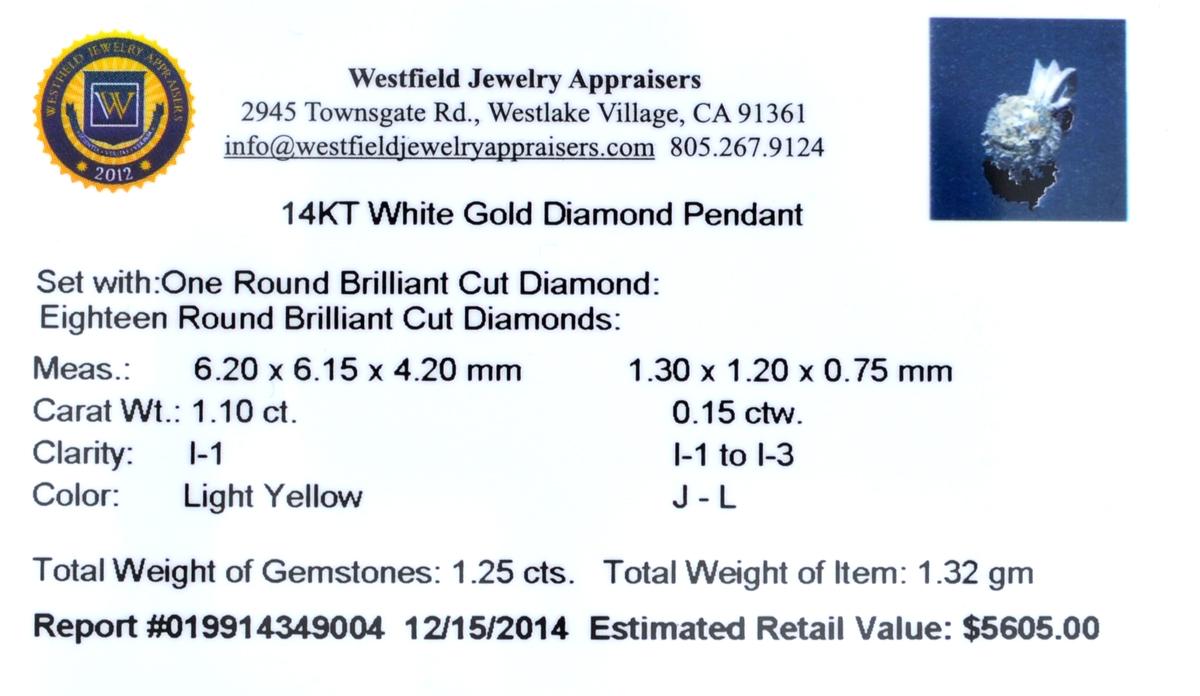 APP: 2.6k 14KT. White Gold, 1.10CT Round Cut Diamond Pendant