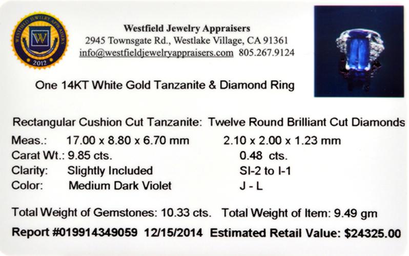APP: 24.3k 14KT. White Gold, 9.85CT Rectangular Cushion Cut Tanzanite And 0.48CT Diamond Ring