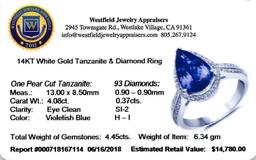 APP: 14.8k *14KT. White Gold 4.45 Pear Cut Tanzanite and White Diamond Ring (Vault_Q) (QR21703TANWD-