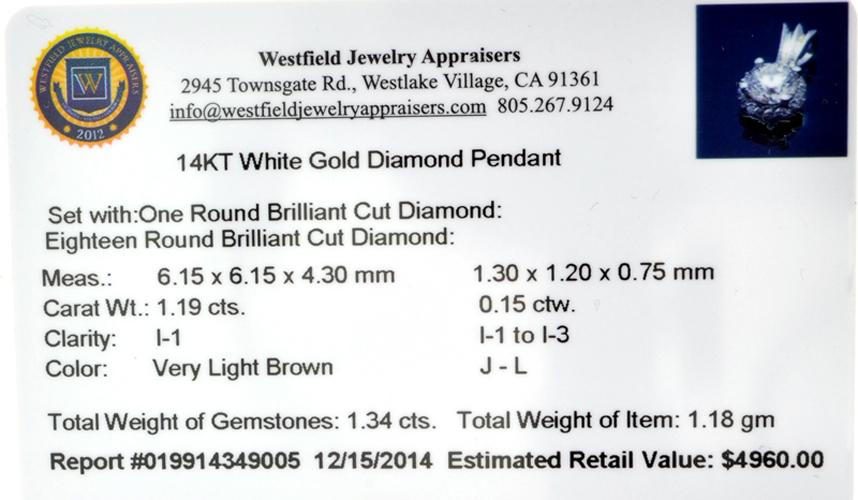 APP: 5k 14KT. White Gold, 1.19CT Round Cut Diamond Pendant