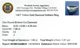 APP: 7.2k 14KT. Gold, 1.10CT Round Cut Diamond Ring
