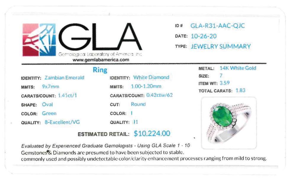 APP: 10.2k Gorgeous 14K White Gold 1.41CT Oval Cut Zambian Emerald and White Diamond Ring - Great In