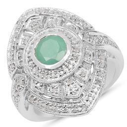 0.75CT Round Cut Emerald and Diamond Sterling Silver Ring - Great Investment - Lustrous Piece! -PNR-