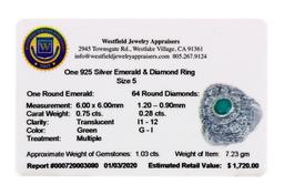 0.75CT Round Cut Emerald and Diamond Sterling Silver Ring - Great Investment - Lustrous Piece! -PNR-