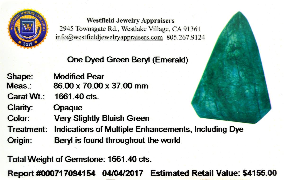 APP: 4.2k 1,661.40CT Pear Cut Green Beryl Emerald Gemstone