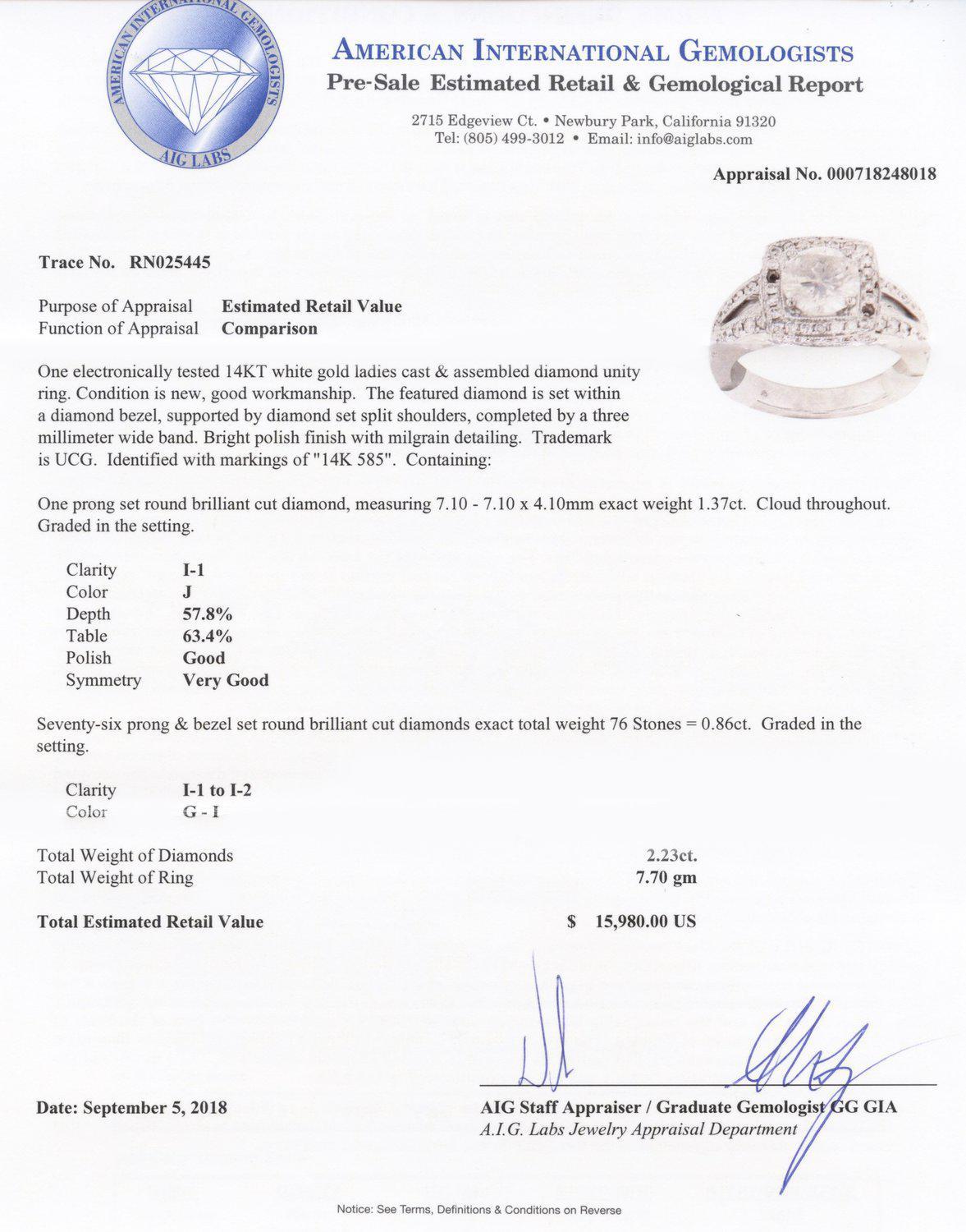 APP: 16k 1.37ct CENTER Diamond 14KT White Gold Ring (2.23ctw Diamonds) (Vault_R15_23927)