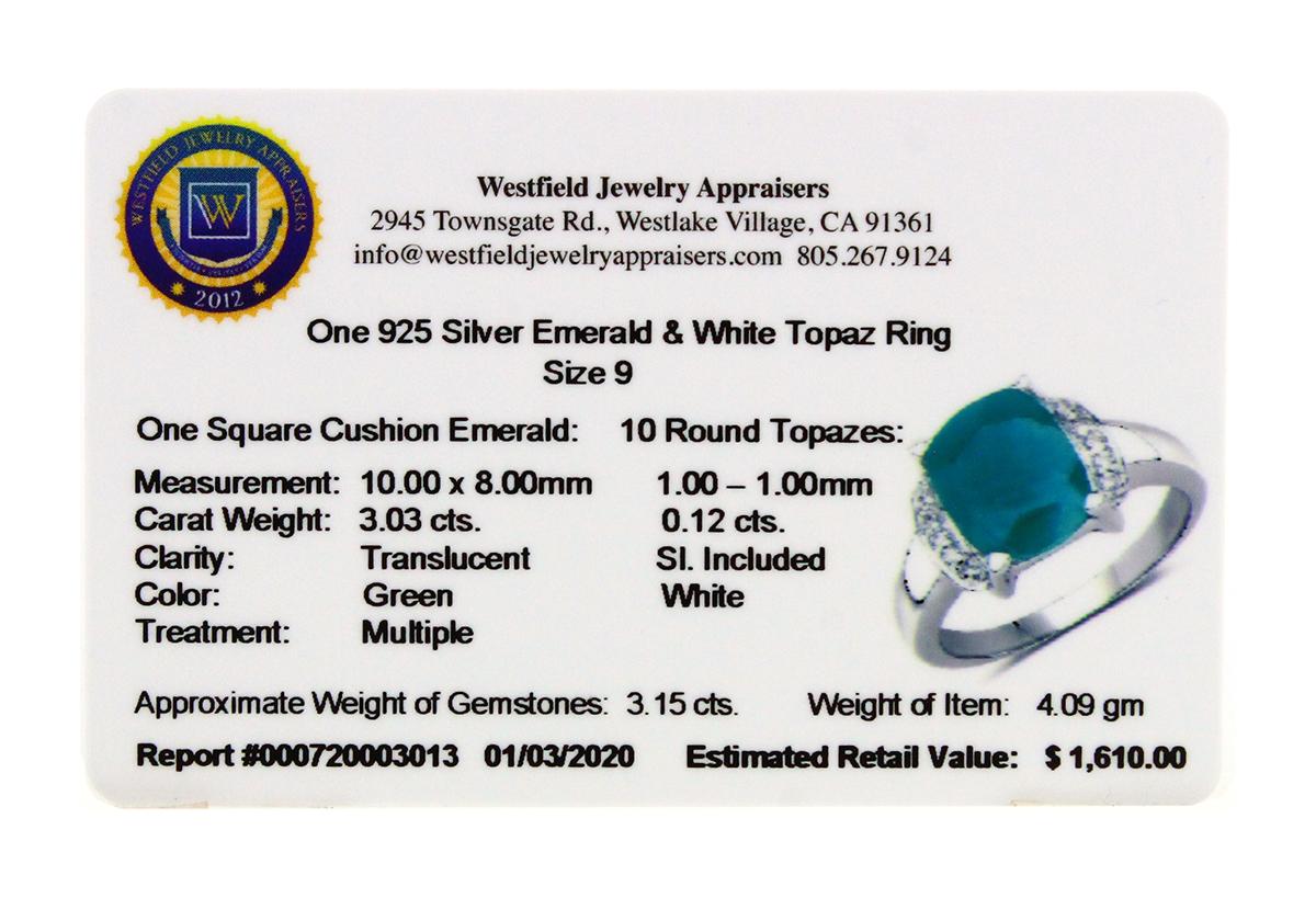 APP: 1.6k 3.03CT Cushion Cut Emerald and White Topaz Sterling Silver Ring - Great Investment - Stunn