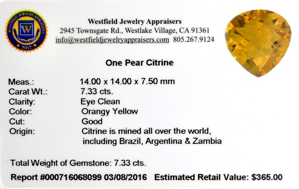 APP: 0.4k 7.33CT Pear Cut Citrine Gemstone