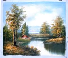Oil Painting On Canvas- Cottage By Lake- Nature Landscape- 23.5''x27''