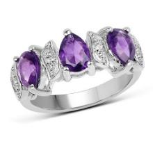 2.05 Pear Cut Amethyst and White Topaz .925 Sterling Silver Ring