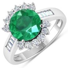 14K White Gold #7 Size Ring 2.75 Carat Zambian Emerald (AA) Round - 1Pc + White Diamond Baguette  0.