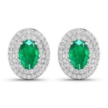14K White Gold Earrings 0.76 Carat Zambian Emerald (AA) Oval 6x4mm - 2Pcs + White Diamond F/C Round