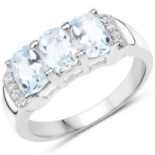 1.84 Cushion Cut Blue Topaz and White Topaz .925 Sterling Silver Ring