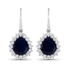 14K White Gold Earrings 3.8 Carat Blue Sapphire (AA) Pears - 2Pcs + White Diamond F/C Round  0.45ct