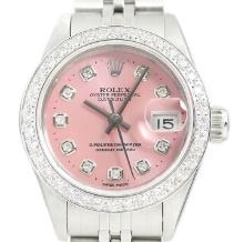 Rolex Ladies Datejust Pink Dial Diamond Bezel 18K White Gold & Steel Watch 69174 (Vault_CC)