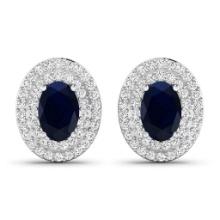 14K White Gold Earrings 1.16 Carat Blue Sapphire Oval 6x4mm - 2Pcs + White Diamond F/C Round 0.32ct