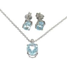 2.54 Oval Cut Blue Topaz Sterling Silver Pendant With 18" Chain And 1.96CT Topaz Solitaire Earrings