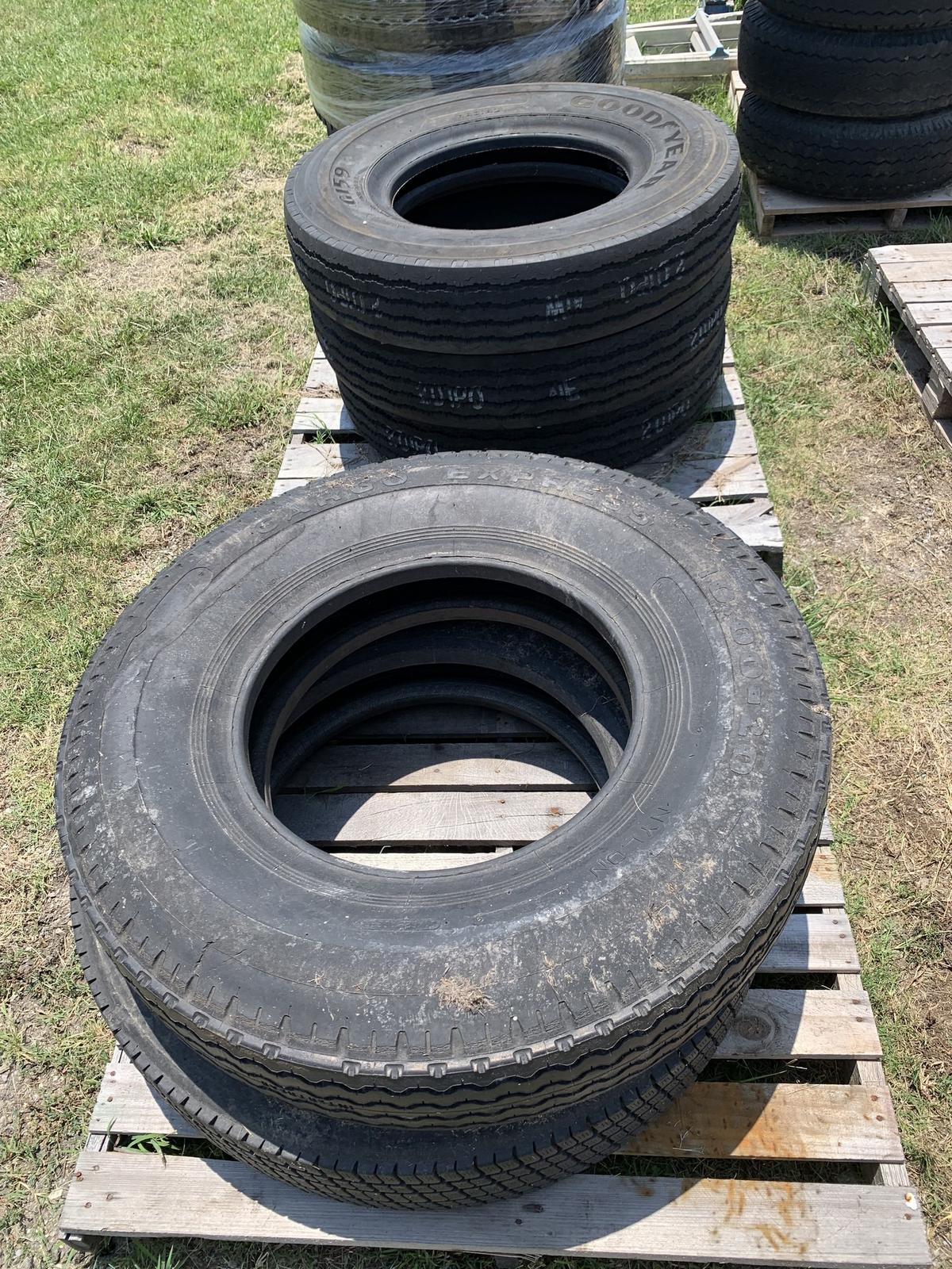 3- Goodyear 8.25r20 Semi Tires & e 10.00-20 Tires