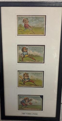 Framed 1887 Tobin Baseball Lithograph Cards 4 Total Boston New York New York Detroit