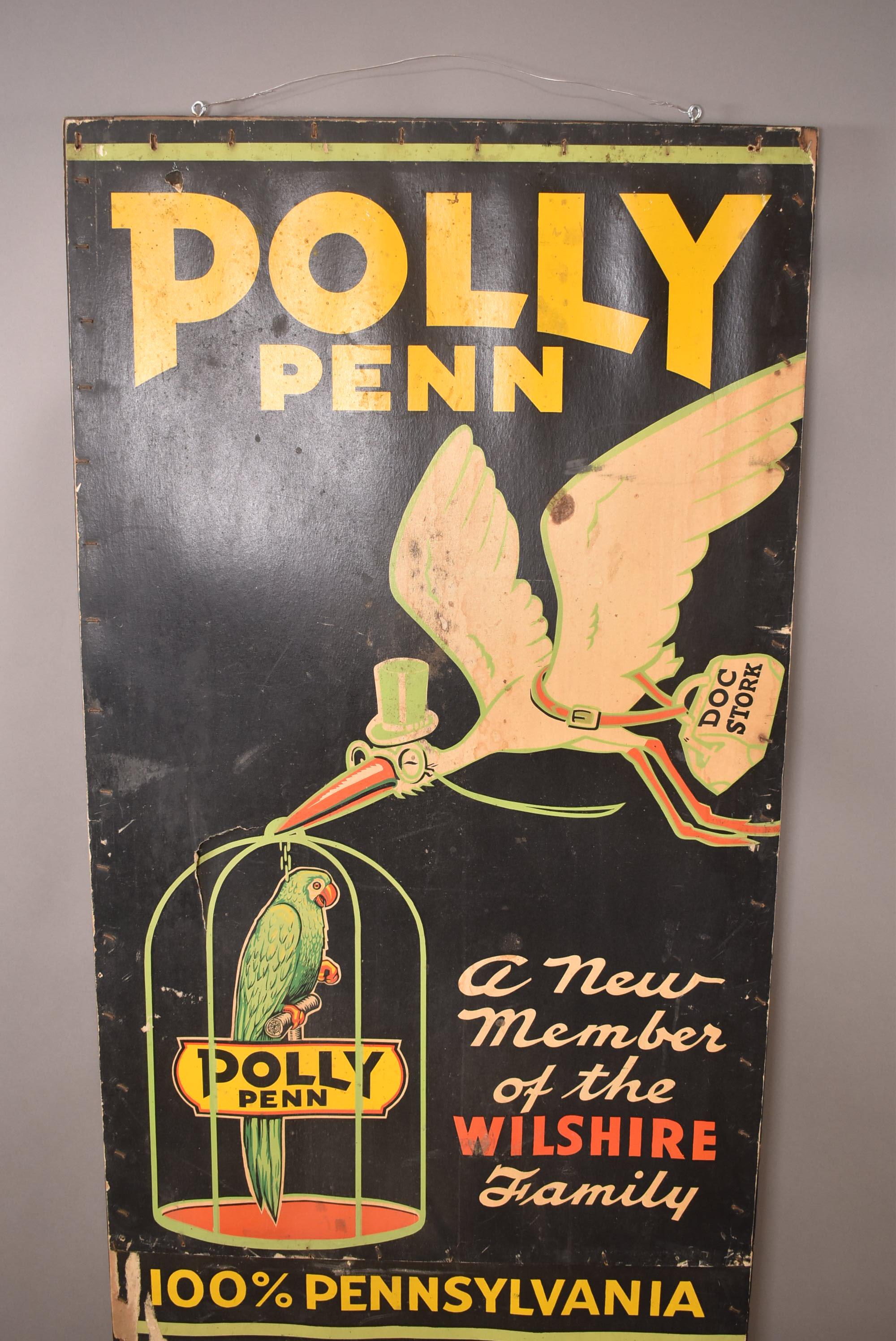 Polly Penn Motor Oil "A New Member of the Wilshire Family" Cardboard Sign