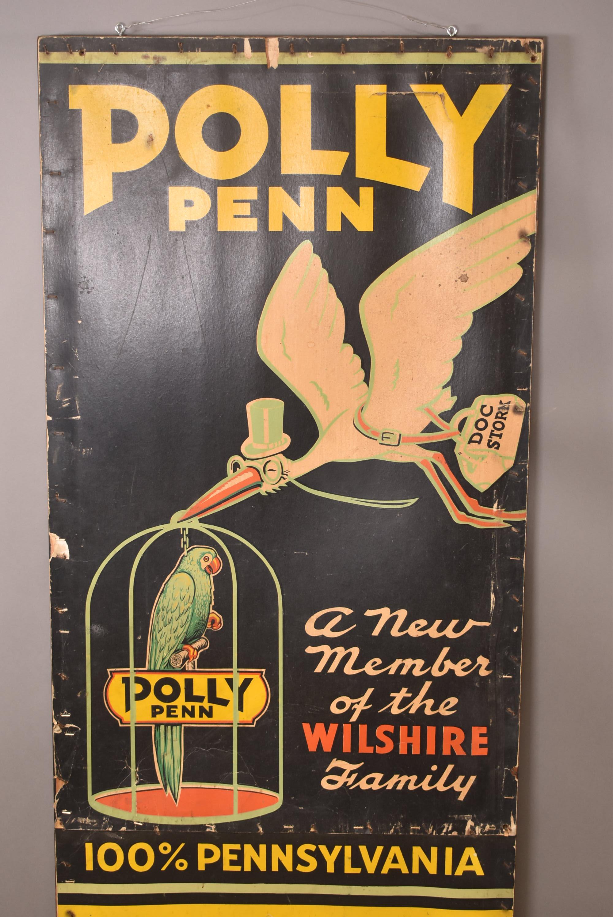 Polly Penn Motor Oil "A New Member of the Wilshire Family" Cardboard Sign