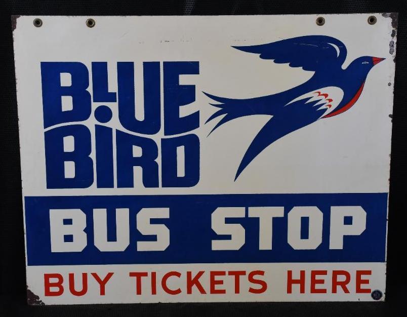Blue Bird Bus Stop Buy Tickets Here w/Logo Metal Sign