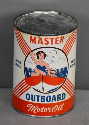 Master Outboard Motor Oil One Quart Round Metal Can