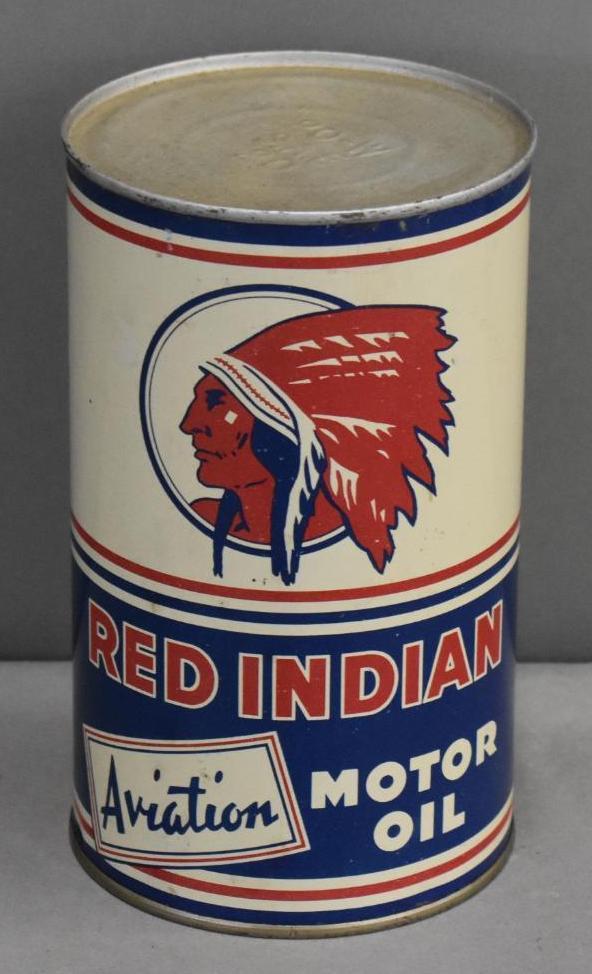 Red Indian Aviation Motor Oil Quart Round Metal Can (TAC)