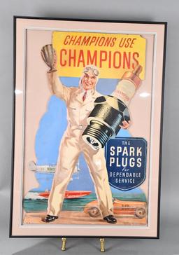 Champions Use Champions "The Spark Plug for Dependable Service" Cardboard Sign