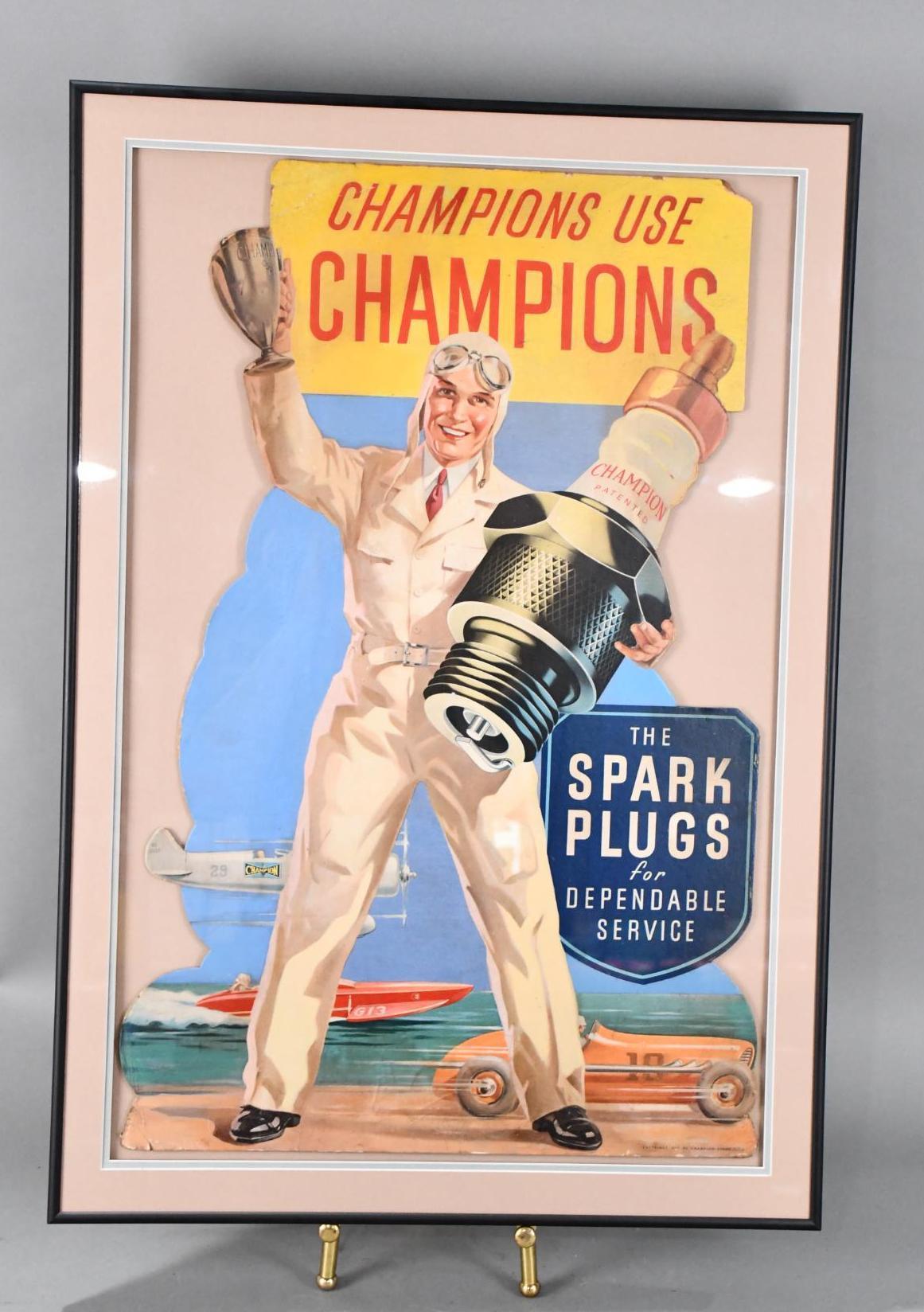 Champions Use Champions "The Spark Plug for Dependable Service" Cardboard Sign