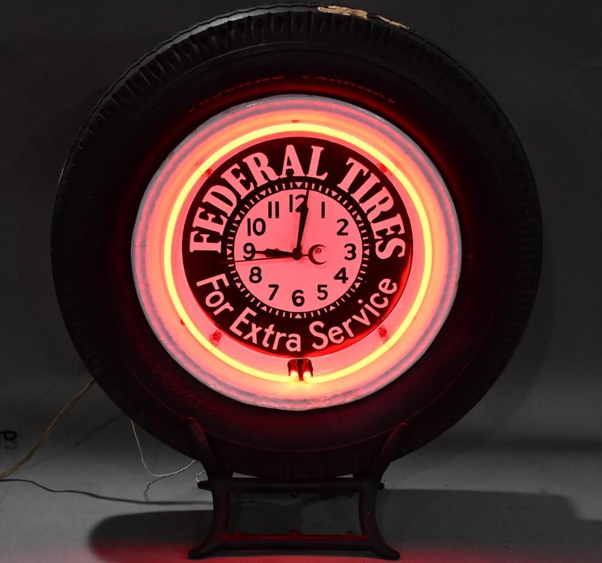 Federal Tires "For Extra Service" Porcelain Neon Clock Mounted in Tire