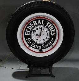 Federal Tires "For Extra Service" Porcelain Neon Clock Mounted in Tire